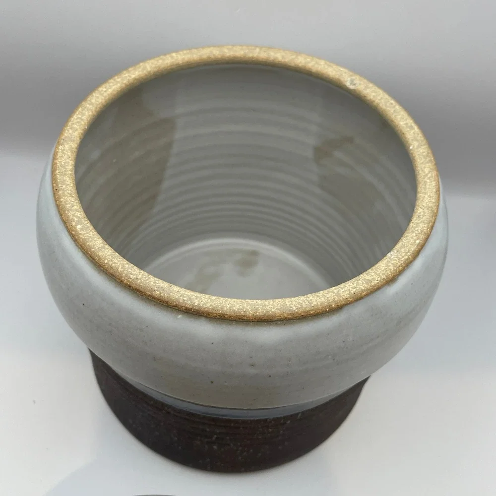 Vintage Signed Studio Pottery Lidded Jar Two Tone White Brown Stoneware Canister